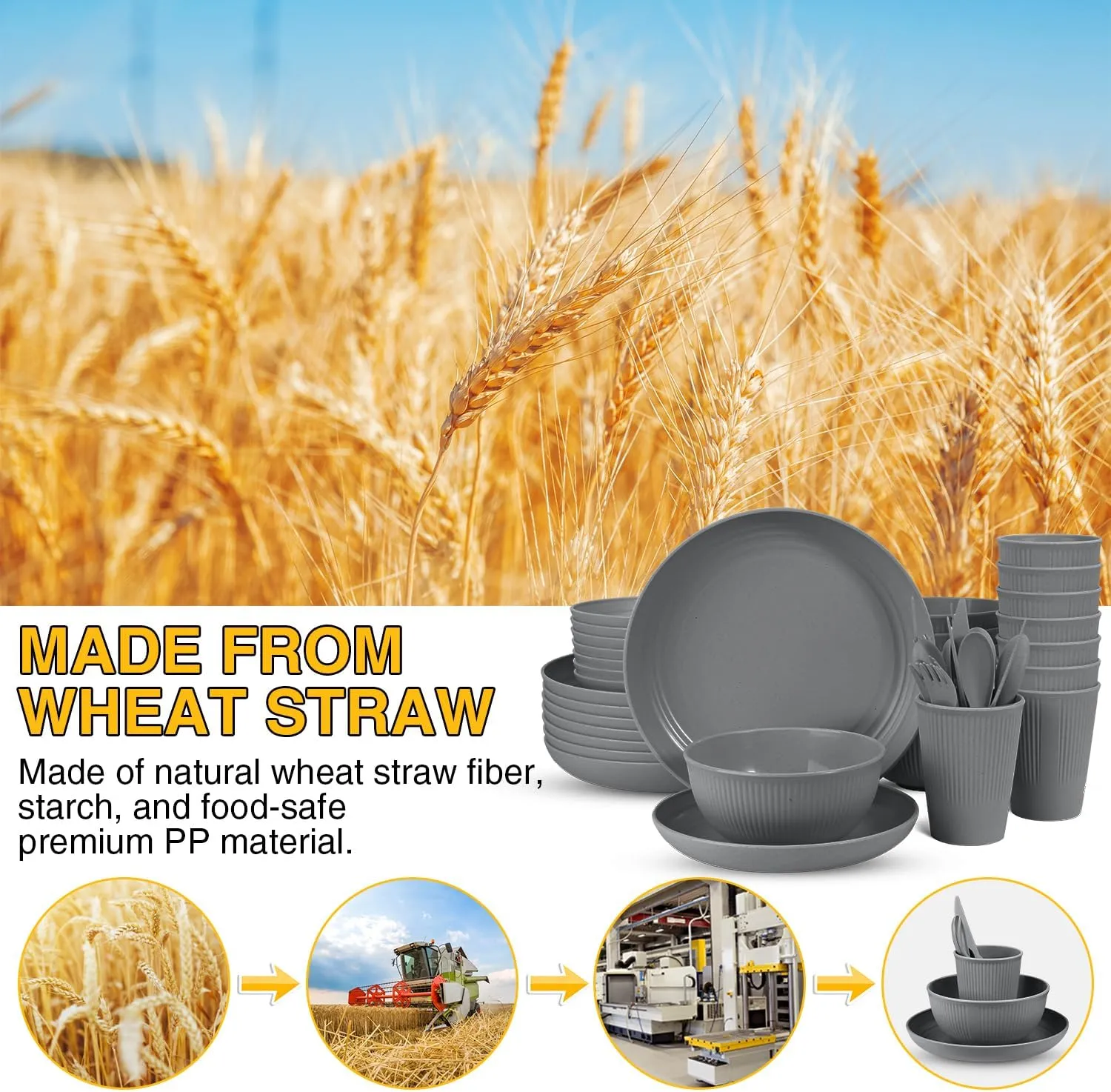 LAERJIN 56 Piece Wheat Straw Dinnerware Sets,Unbreakable Reusable Dinnerware Set,Dishwasher & Microwave Safe Plates and Bowls Sets, for Apartment Essentials, Outdoor Camping, Gray