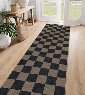 Lahome Checkered Easy Jute 2x8 Runner Rug, Washable Kitchen Runner Rug Non Slip for Entryway Indoor, Checkerboard Black Indoor Outdoor Carpet for Hallway 8ft Entry Laundry Porch