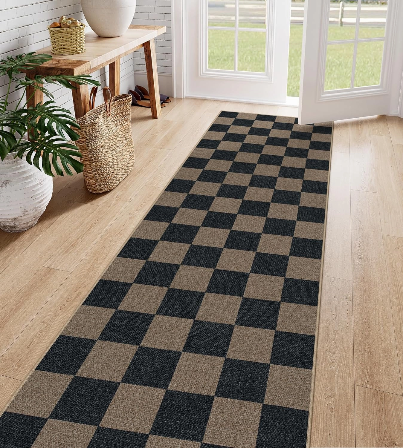 Lahome Checkered Easy Jute 2x8 Runner Rug, Washable Kitchen Runner Rug Non Slip for Entryway Indoor, Checkerboard Black Indoor Outdoor Carpet for Hallway 8ft Entry Laundry Porch