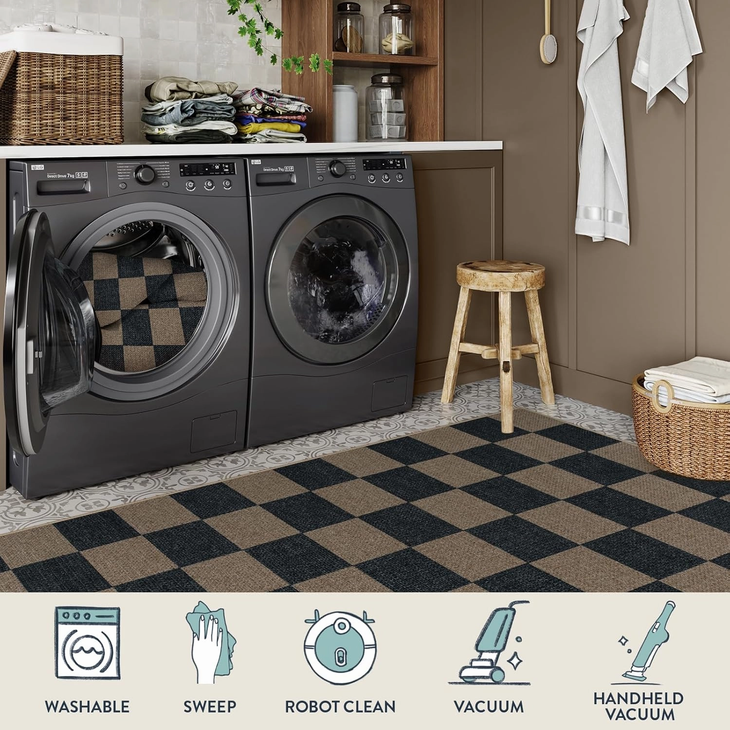Lahome Checkered Easy Jute 2x8 Runner Rug, Washable Kitchen Runner Rug Non Slip for Entryway Indoor, Checkerboard Black Indoor Outdoor Carpet for Hallway 8ft Entry Laundry Porch