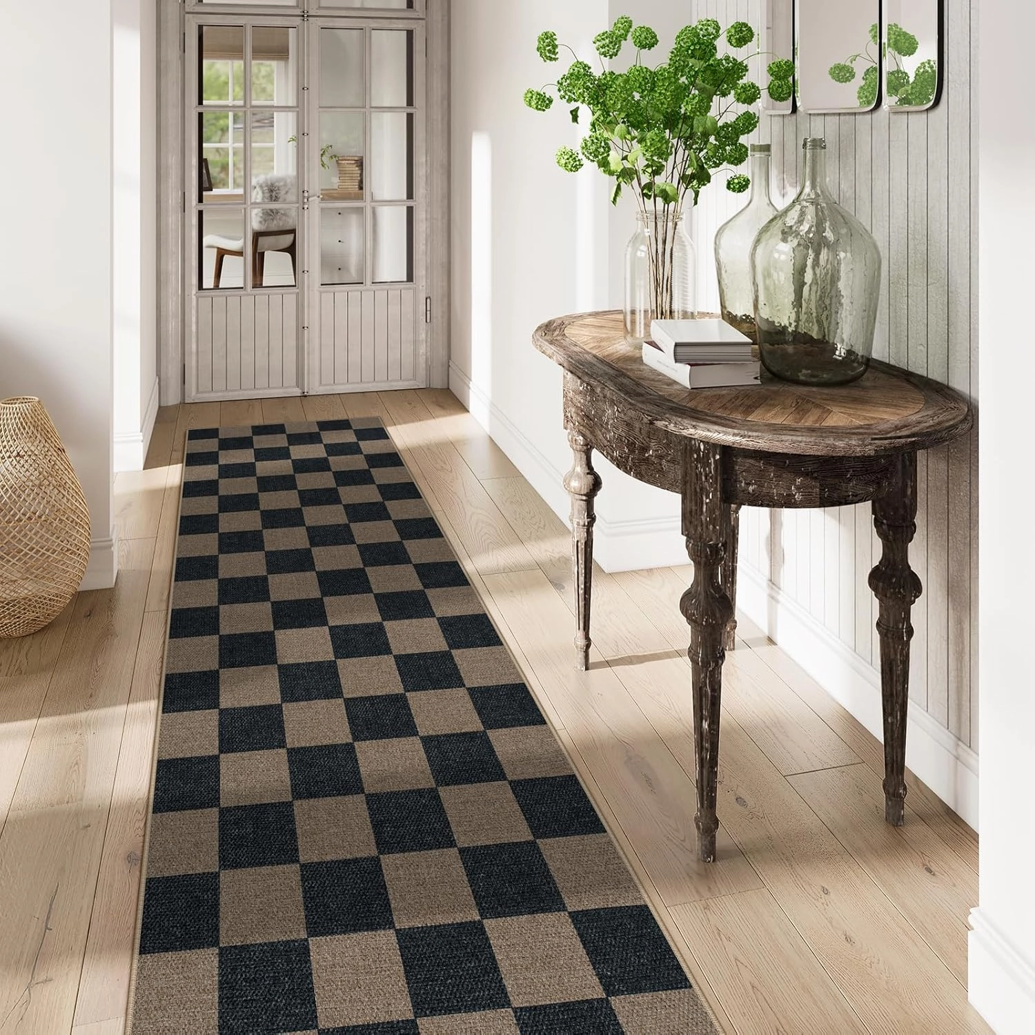 Lahome Checkered Easy Jute 2x8 Runner Rug, Washable Kitchen Runner Rug Non Slip for Entryway Indoor, Checkerboard Black Indoor Outdoor Carpet for Hallway 8ft Entry Laundry Porch