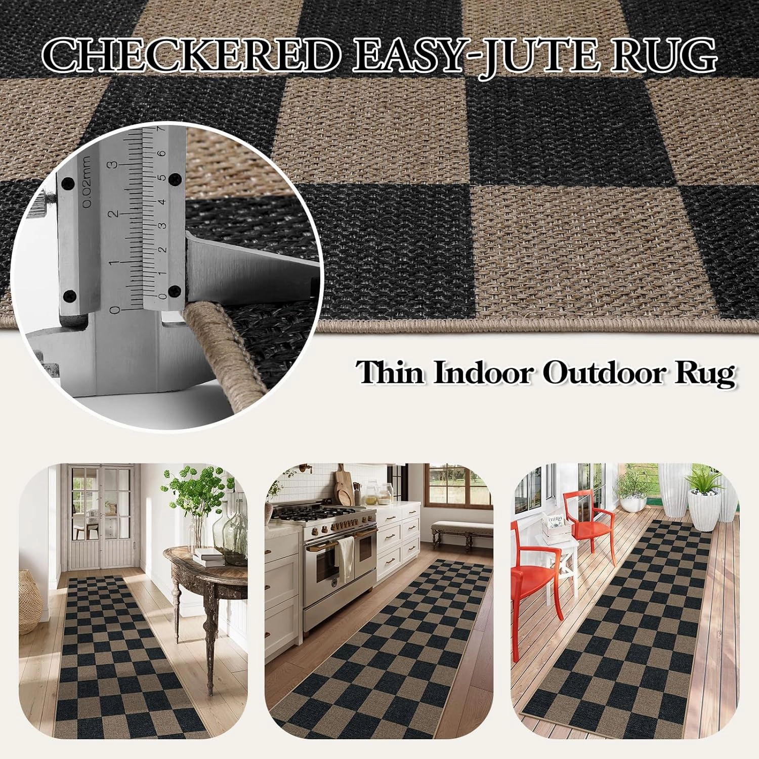 Lahome Checkered Easy Jute 2x8 Runner Rug, Washable Kitchen Runner Rug Non Slip for Entryway Indoor, Checkerboard Black Indoor Outdoor Carpet for Hallway 8ft Entry Laundry Porch
