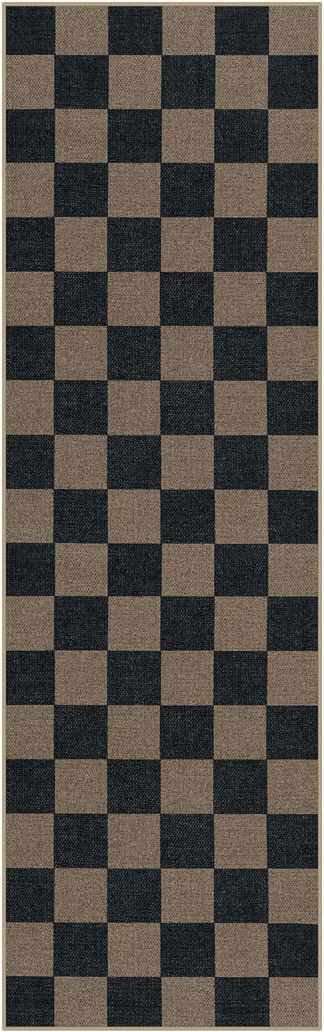 Lahome Checkered Easy Jute 2x8 Runner Rug, Washable Kitchen Runner Rug Non Slip for Entryway Indoor, Checkerboard Black Indoor Outdoor Carpet for Hallway 8ft Entry Laundry Porch