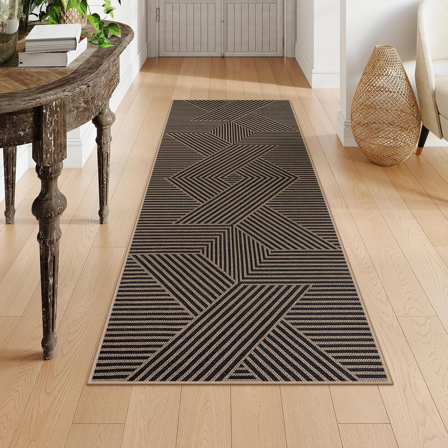 Lahome Modern Geometric Runner Rug, 2x6 Washable Rug Runners for Hallways Non Slip, Black Outdoor Carpet with Rubber Backing, Farmhouse Non Shedding Kitchen Mats for Floor Entryway