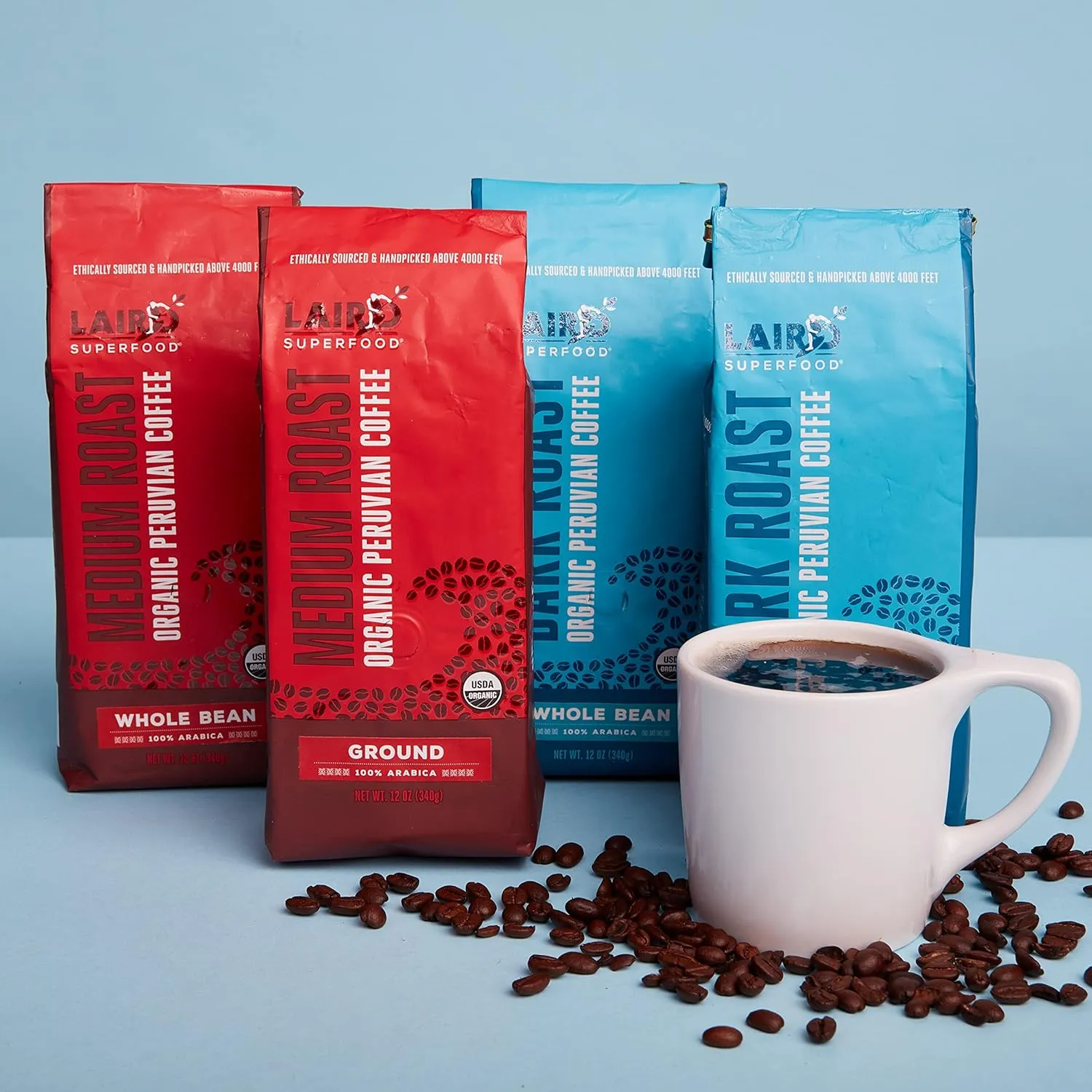 Laird Superfood Peruvian Dark Roast Caffeinated Ground Coffee, Ethically Sourced Premium Ground Coffee, Gluten-Free, Dairy-Free, Non-GMO, Paleo, Keto Friendly, 12 oz. Bag