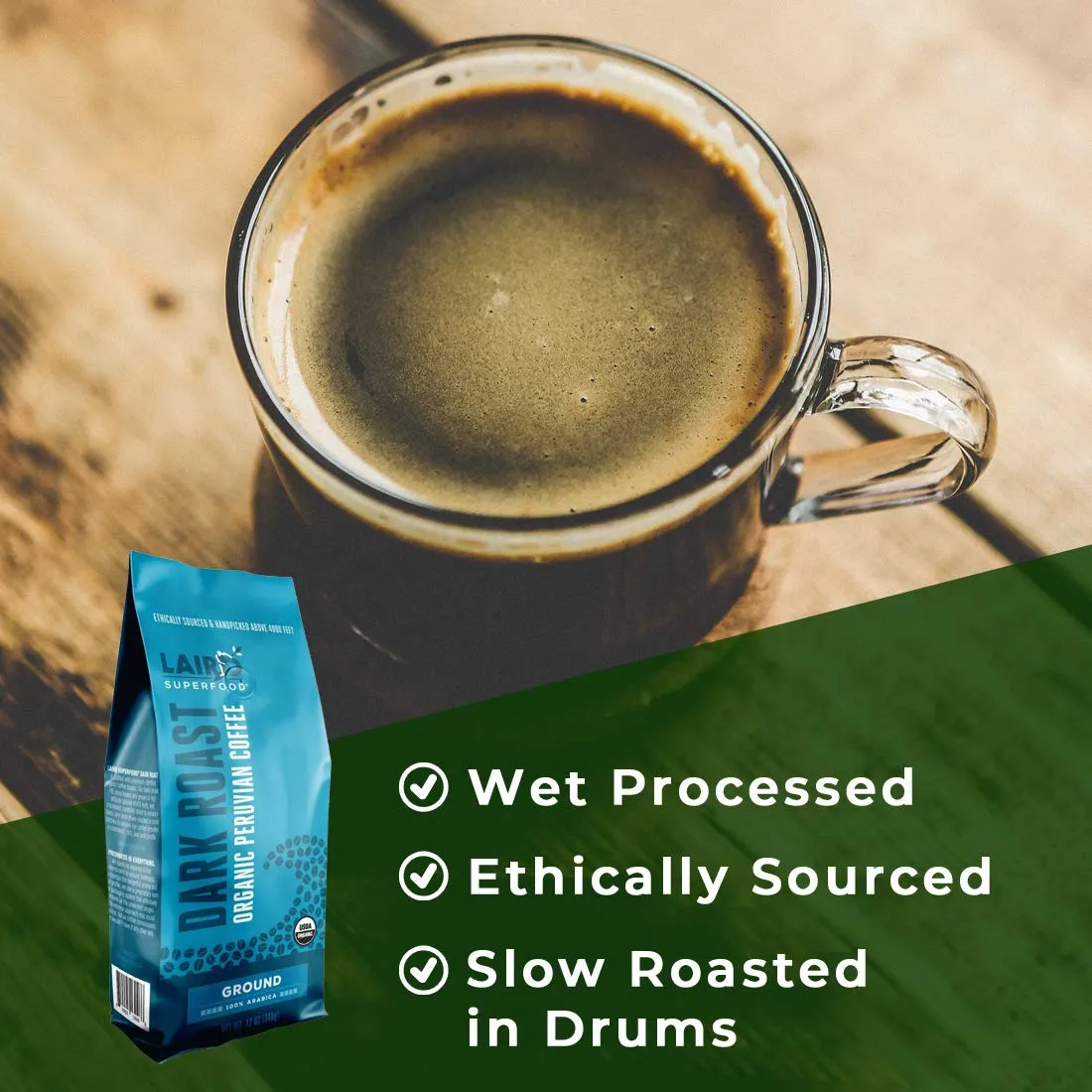 Laird Superfood Peruvian Dark Roast Caffeinated Ground Coffee, Ethically Sourced Premium Ground Coffee, Gluten-Free, Dairy-Free, Non-GMO, Paleo, Keto Friendly, 12 oz. Bag