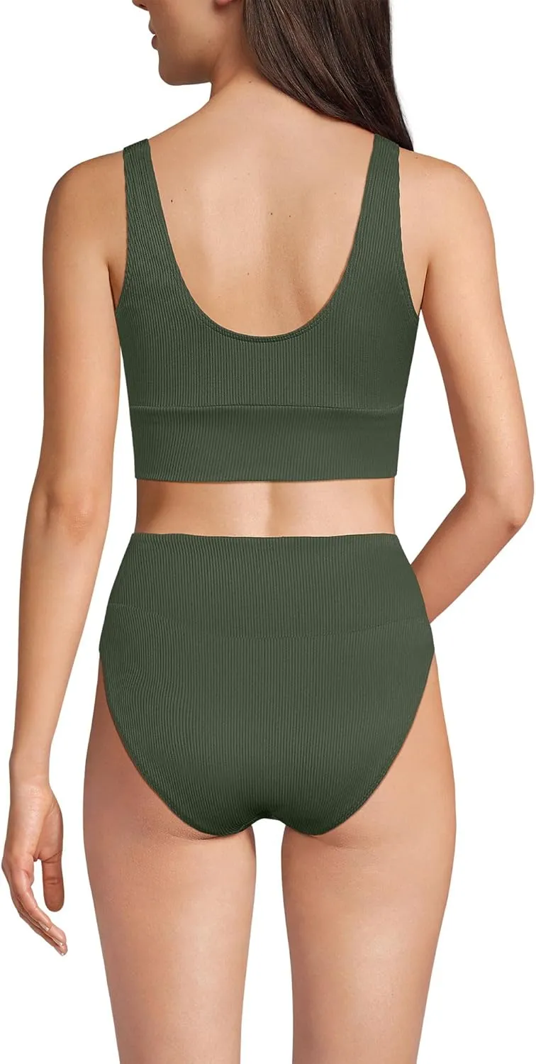 Lands' End Women's Tugless Tankini Top and High Waisted Bottom Swimsuit Set