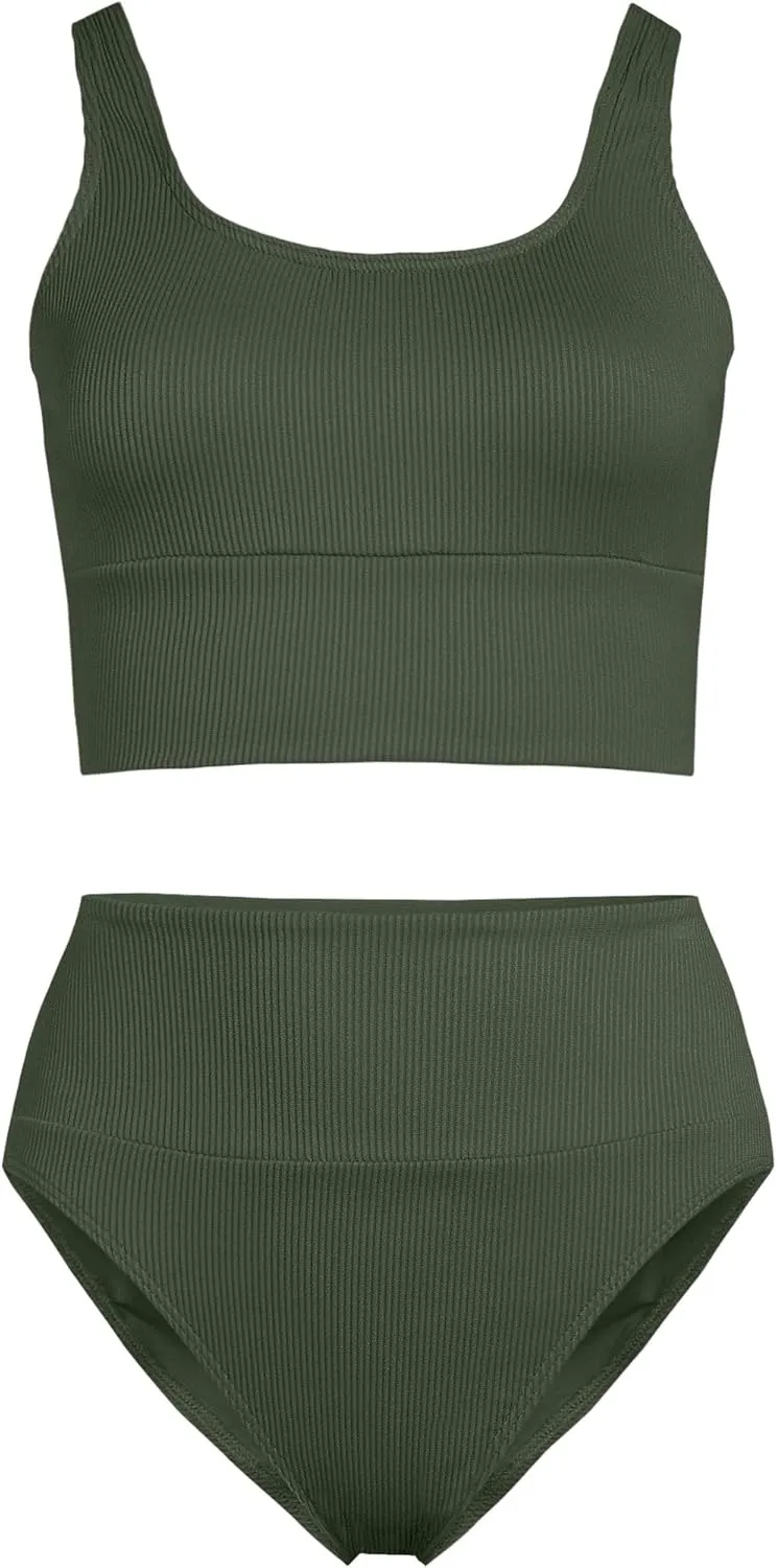 Lands' End Women's Tugless Tankini Top and High Waisted Bottom Swimsuit Set