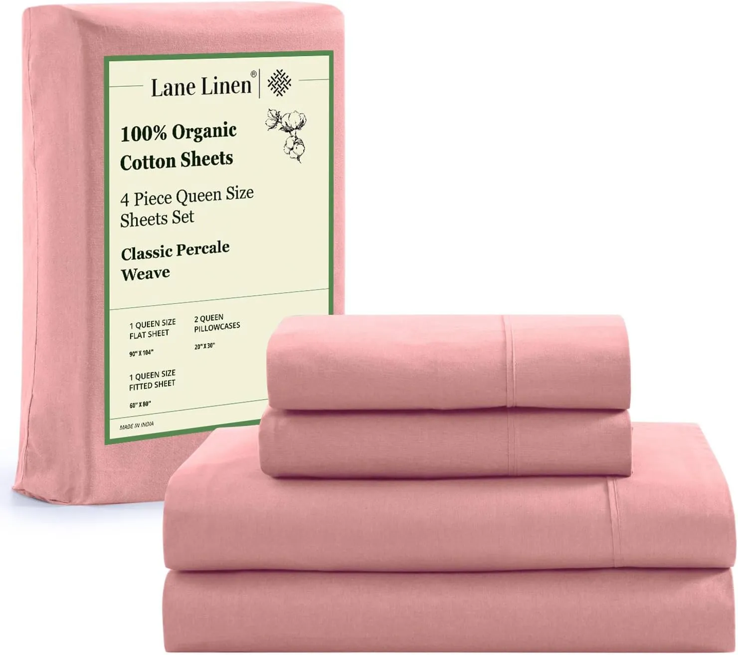 LANE LINEN Eco Friendly 100% Organic Cotton Sheets Queen Size, Mercerized Cotton Fully Elasticized Reinforced Seams Low Pill Fade Resistant Hotel Luxury Bed Sheets Set- Dusty Rose