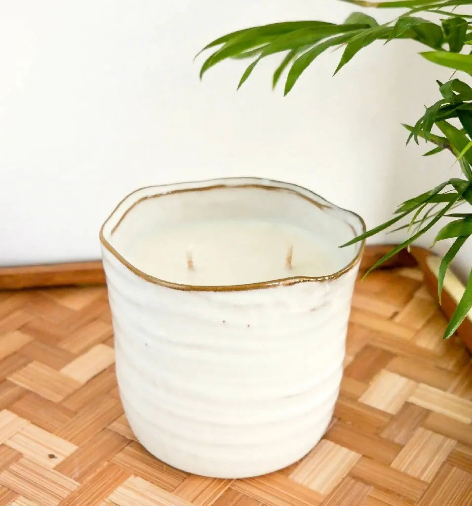 Large Cream Ribbed Ceramic Garden Candle