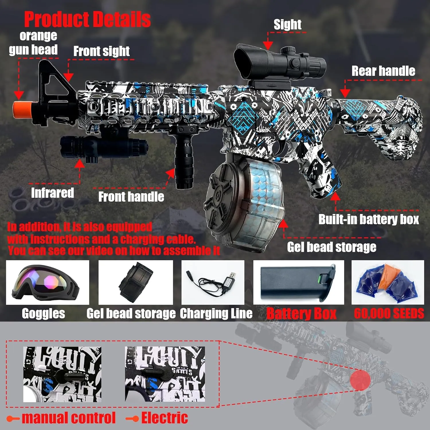 Large Splatter Gel Ball Blaster, Electric Splat Blaster, with Drum & 60,000 Eco-Friendly Orby for Outdoor Games Gel Ball Blaster - Ages 14  (Camouflage)