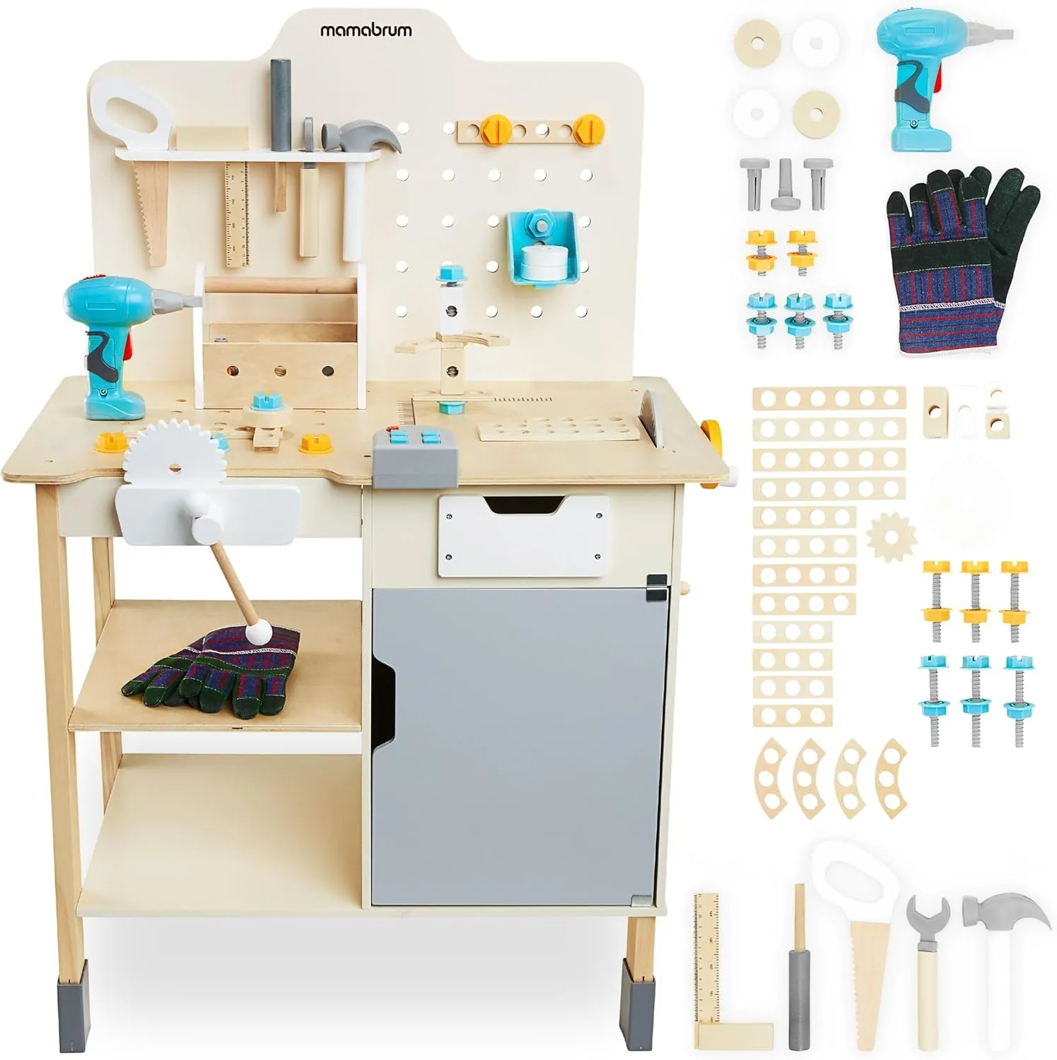 Large Wooden Workshop with Tools XXL - Kit, 74 Pieces, Work Table, Drill Workbench Children from 2 Years, Children's Workbench