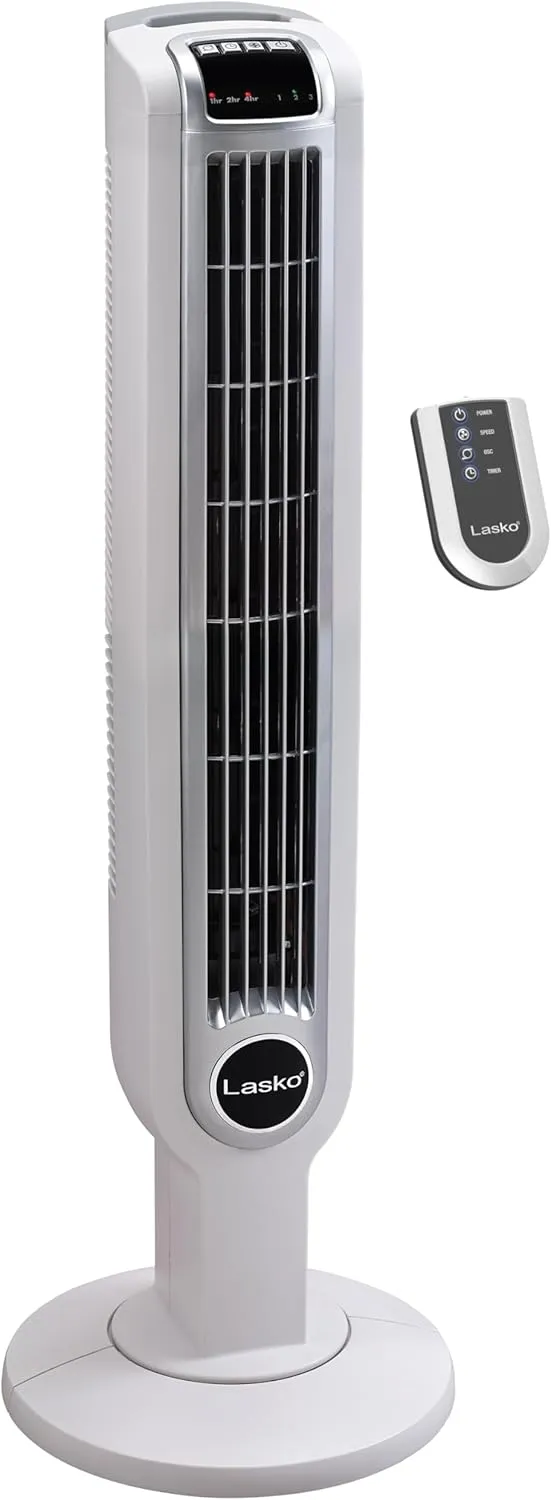 Lasko Oscillating Tower Fan with Remote Control, 3 Quiet Speeds, Timer for Bedroom, Kitchen, Office Use, White, 36" 2511"