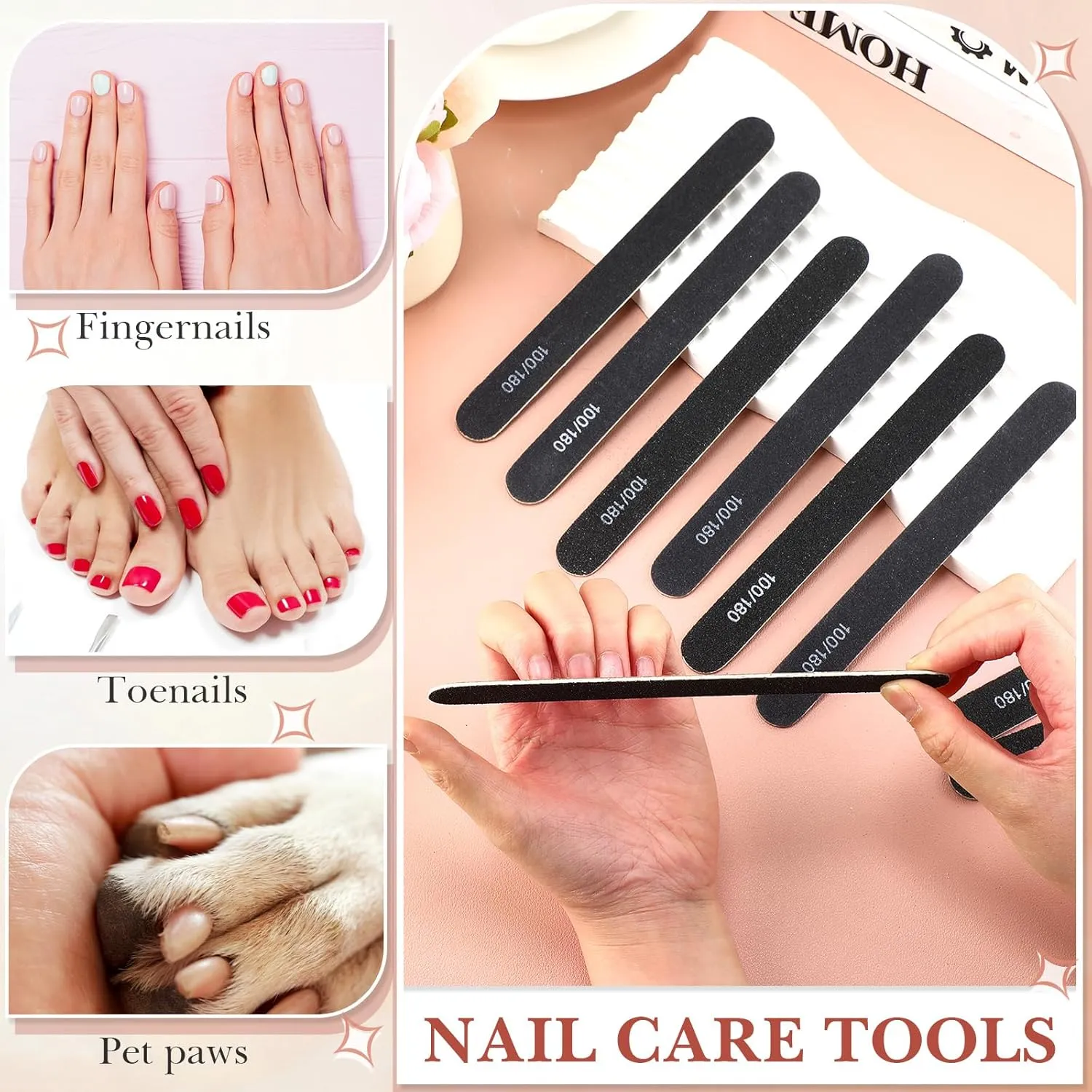 Lasnten 200 Pcs Grit Nail Files Professional Double Sided Emery Boards Reusable High Grit Nail Buffer Manicure Pedicure Tool Wood Fingernail Files for Acrylic/Natural Fingernail(Black,100/180)