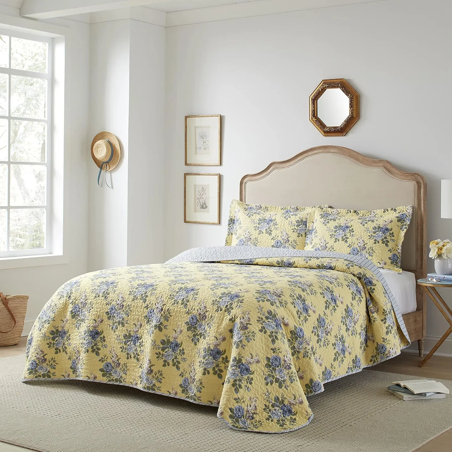 Laura Ashley - King Quilt Set, Reversible Cotton Bedding with Matching Shams, Lightweight Home Decor for All Seasons (Linley Yellow, King)