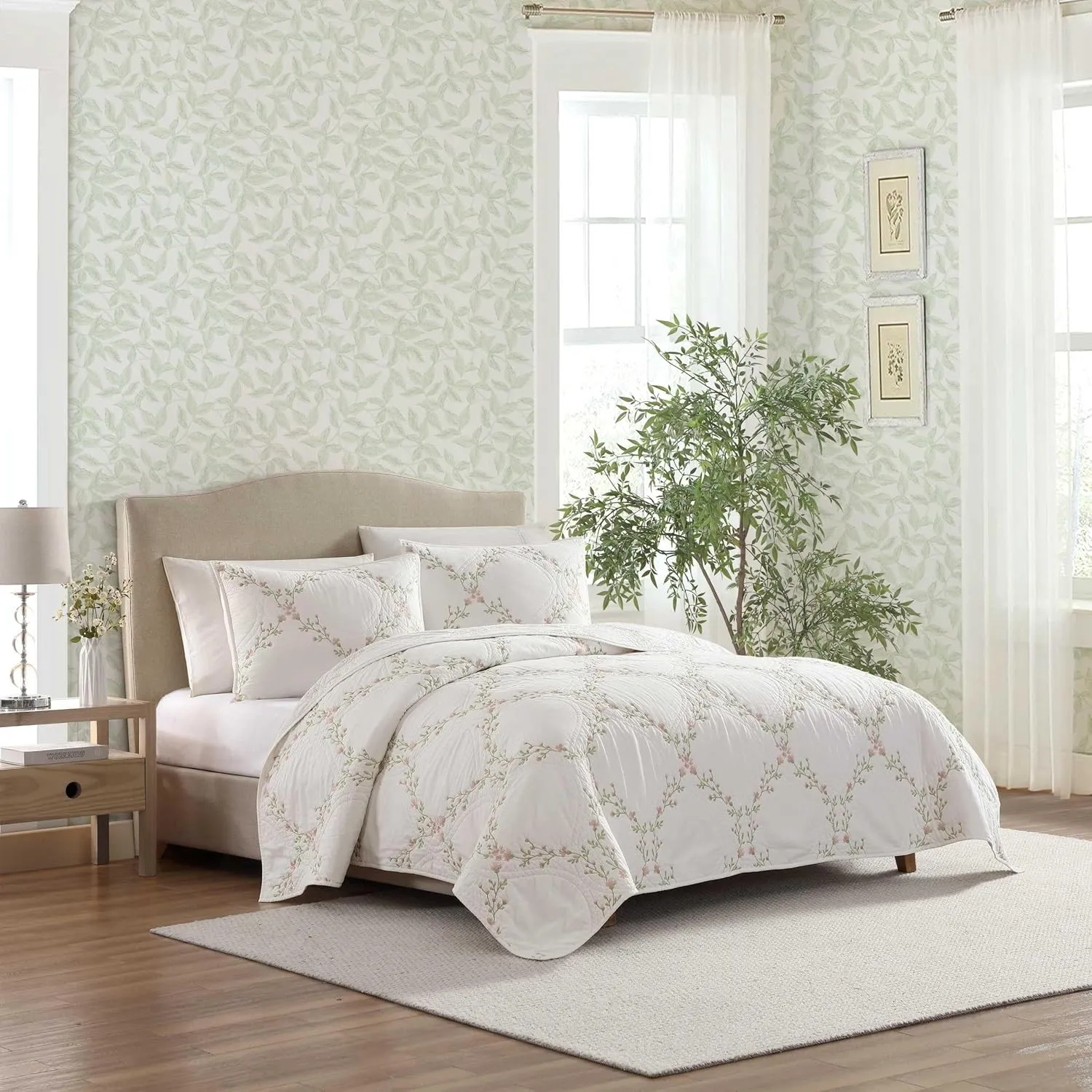 Laura Ashley - King Quilt Set, Super Soft & Breathable Embroidered Bedding with Matching Sham(s), Floral Home Decor (Floral Embroidery Pink, King)