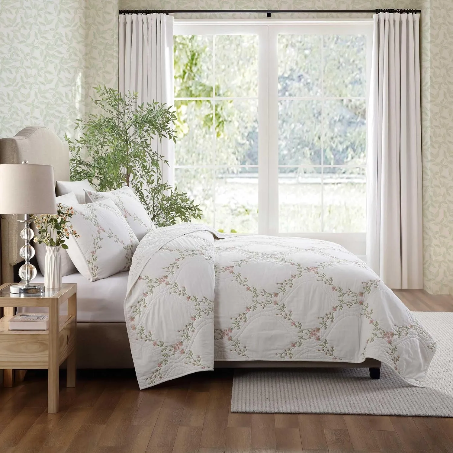 Laura Ashley - King Quilt Set, Super Soft & Breathable Embroidered Bedding with Matching Sham(s), Floral Home Decor (Floral Embroidery Pink, King)