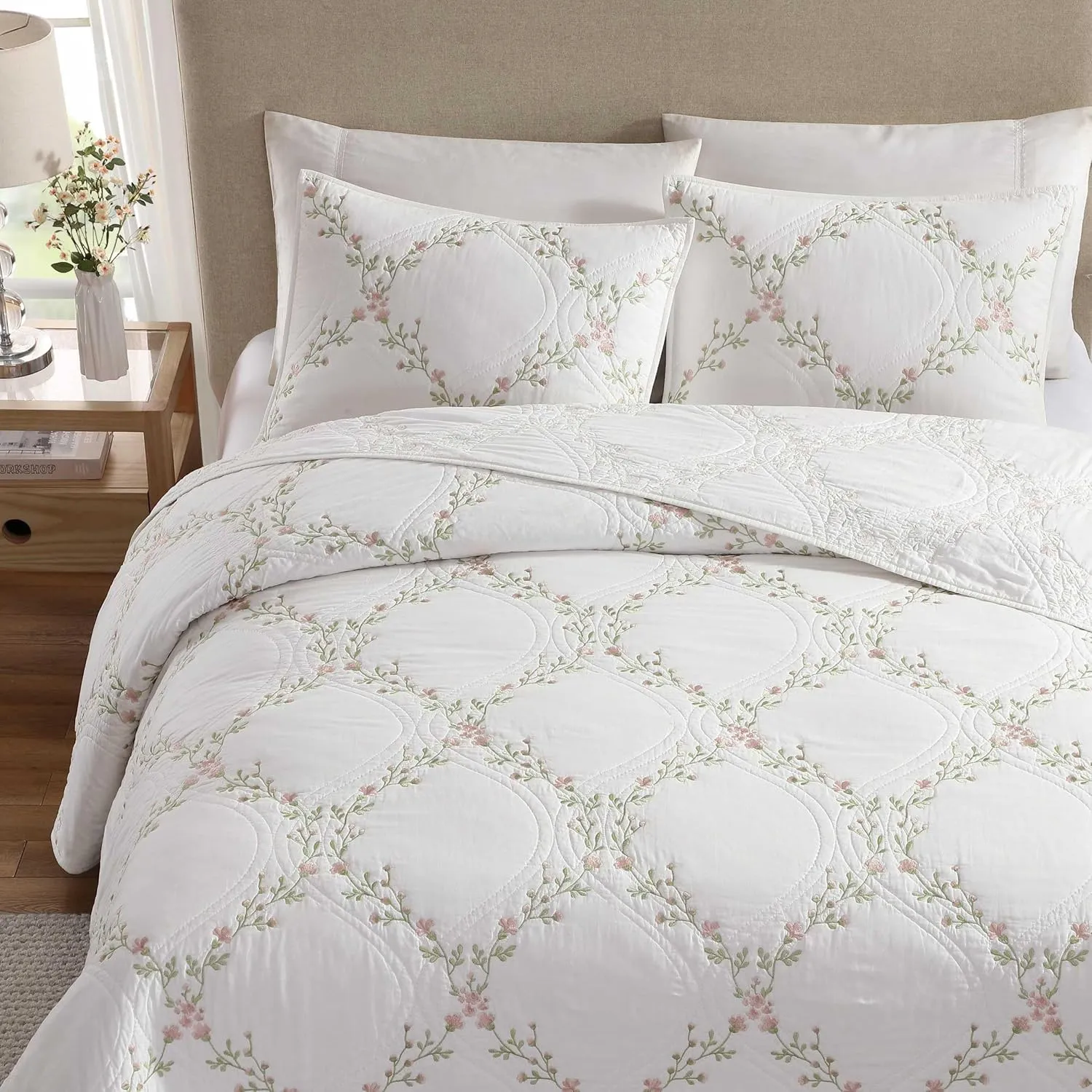 Laura Ashley - King Quilt Set, Super Soft & Breathable Embroidered Bedding with Matching Sham(s), Floral Home Decor (Floral Embroidery Pink, King)