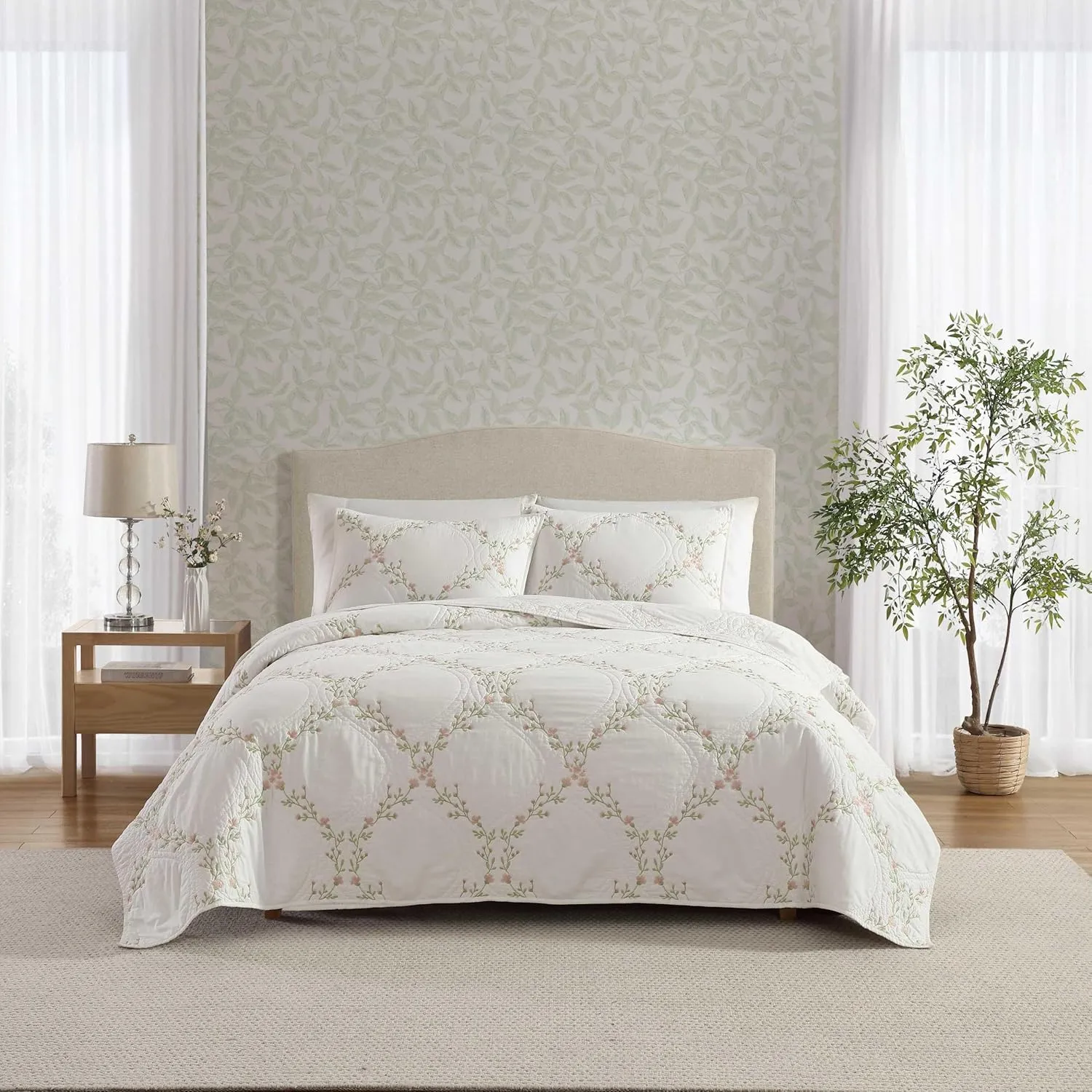 Laura Ashley - King Quilt Set, Super Soft & Breathable Embroidered Bedding with Matching Sham(s), Floral Home Decor (Floral Embroidery Pink, King)