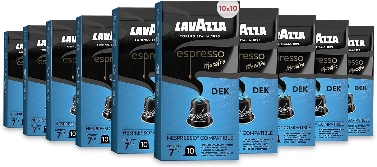 Lavazza Espresso Maestro Dek Nespresso Compatible Aluminium Coffee Capsules, Zero CO2 Impact (Pack of 10, Total 100 Pods)