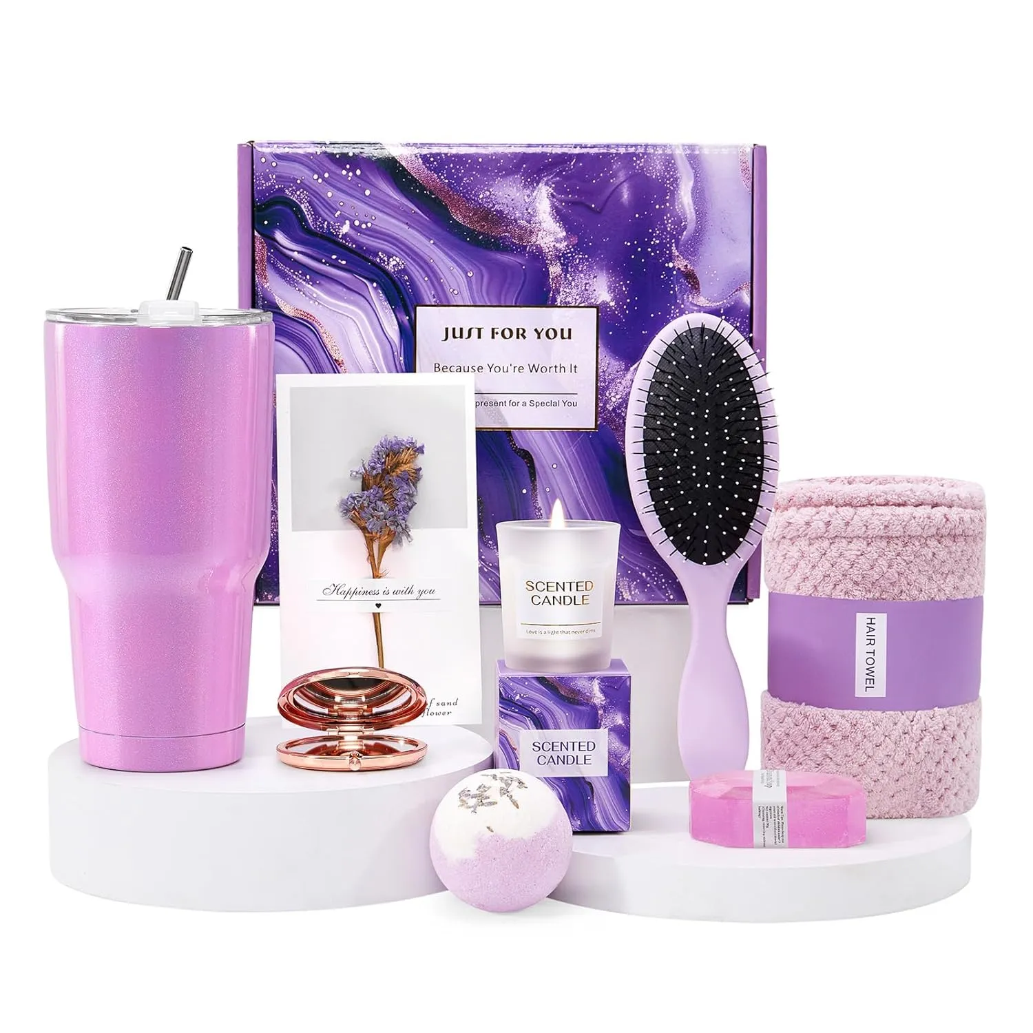 Lavender Self Care Gift Box for Women | 8-Piece Relaxing Spa Set Vacuum cup, Bath Bomb, Candle & Floral Card | Birthday Gifts for Her, Mom, Sister