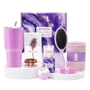 Lavender Self Care Gift Box for Women | 8-Piece Relaxing Spa Set Vacuum cup, Bath Bomb, Candle & Floral Card | Birthday Gifts for Her, Mom, Sister