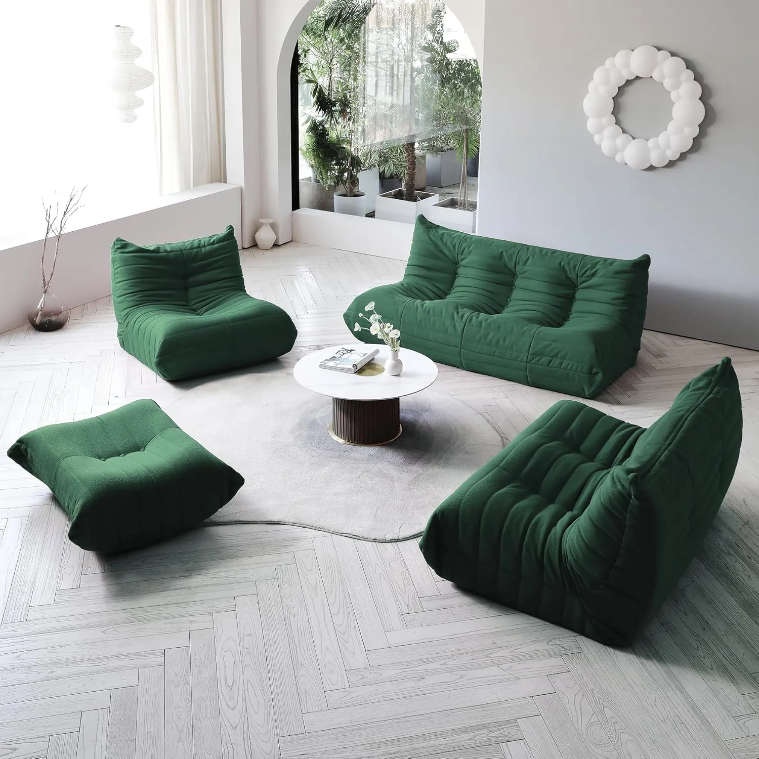 Lazy Floor Sofa, Fireside Chair,Teddy Velvet Sofa Bean Bag Couch, Lounge Accent Chair for Living Room Corner Bedroom Salon Office (3 Seater, Green)