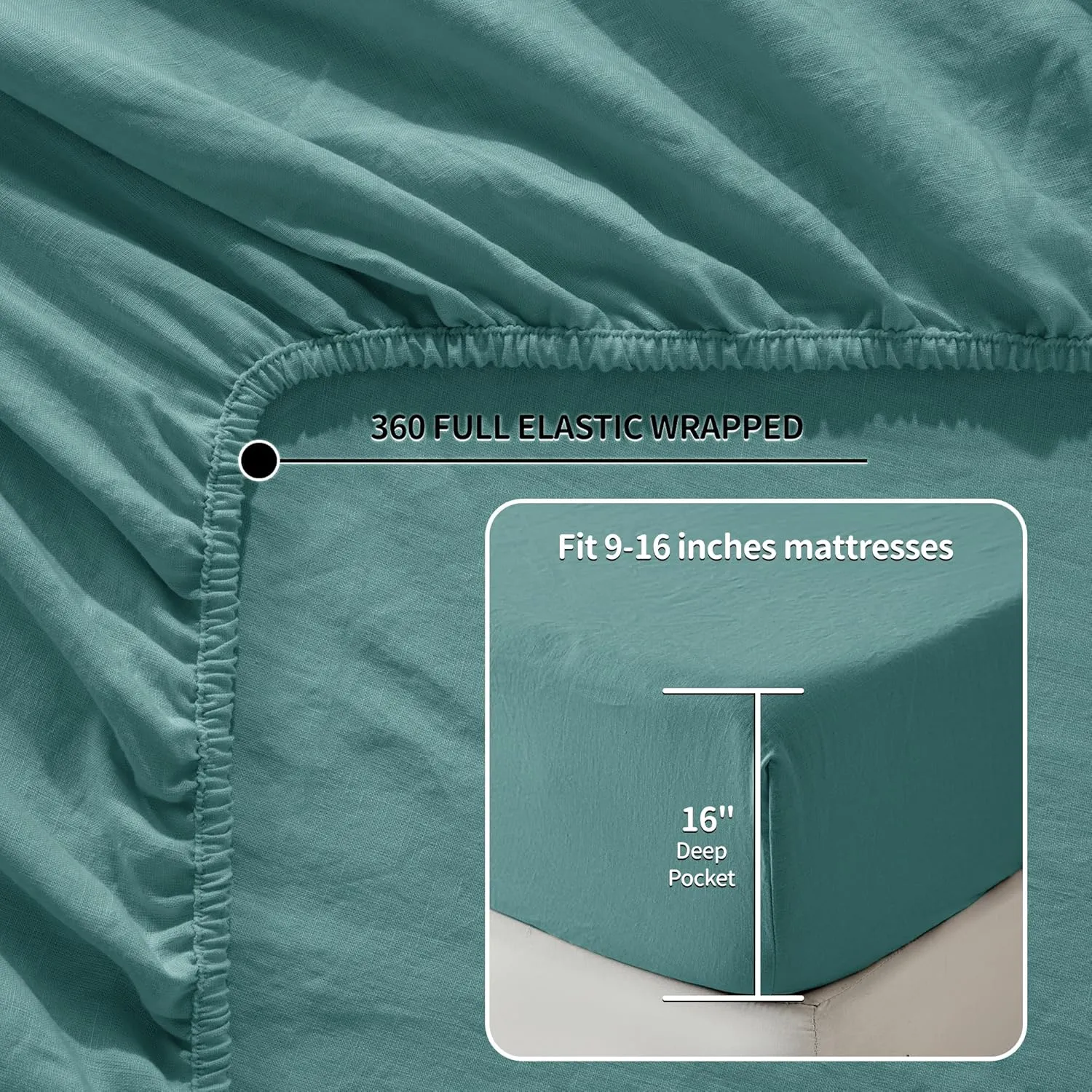LBR02M 100% Linen Sheet Set Queen Size,Bed Sheets 4 Piece Sets,Solid Color Natural Flax Bed Sheets Soft Breathable Bedding,16" Deep Pocket,All Season (Queen, Aqua)