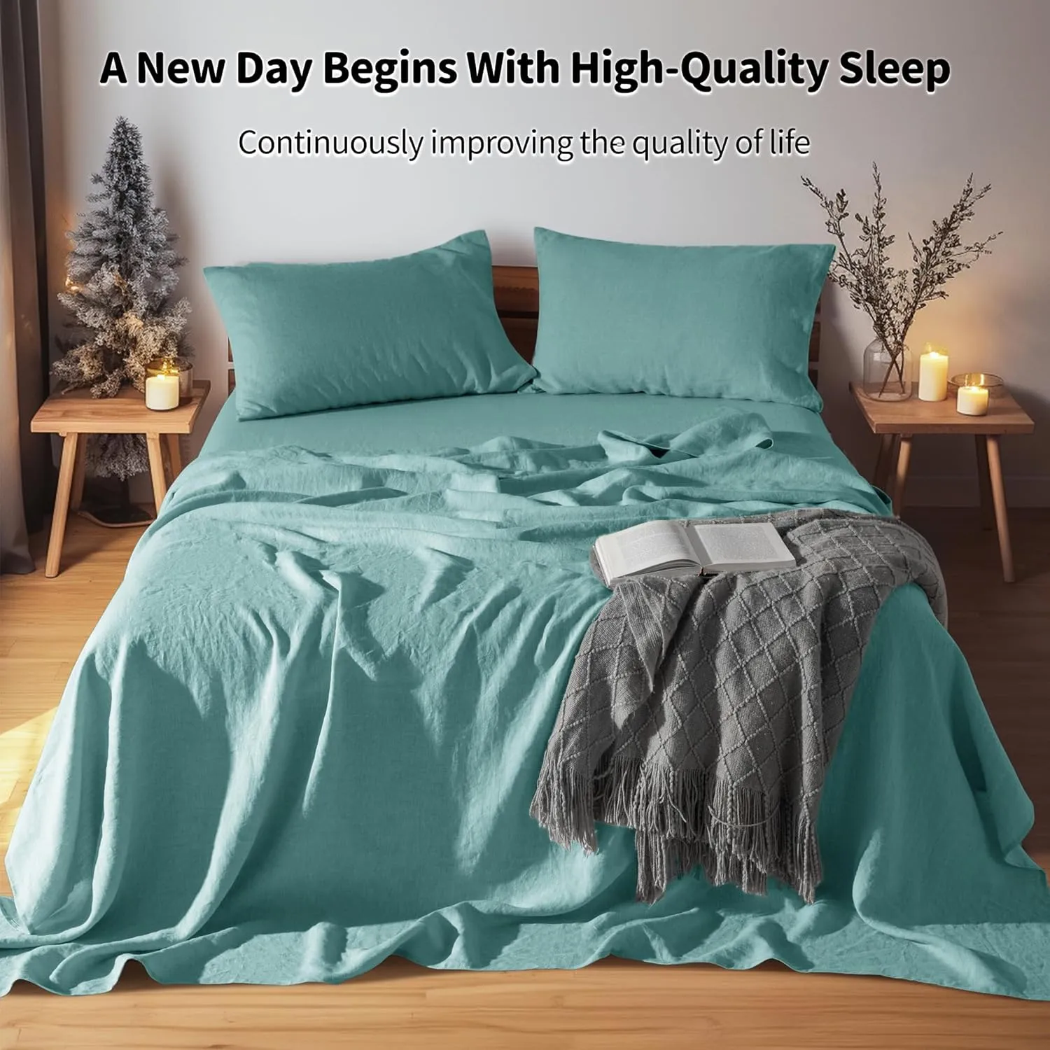 LBR02M 100% Linen Sheet Set Queen Size,Bed Sheets 4 Piece Sets,Solid Color Natural Flax Bed Sheets Soft Breathable Bedding,16" Deep Pocket,All Season (Queen, Aqua)
