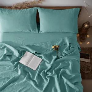 LBR02M 100% Linen Sheet Set Queen Size,Bed Sheets 4 Piece Sets,Solid Color Natural Flax Bed Sheets Soft Breathable Bedding,16" Deep Pocket,All Season (Queen, Aqua)