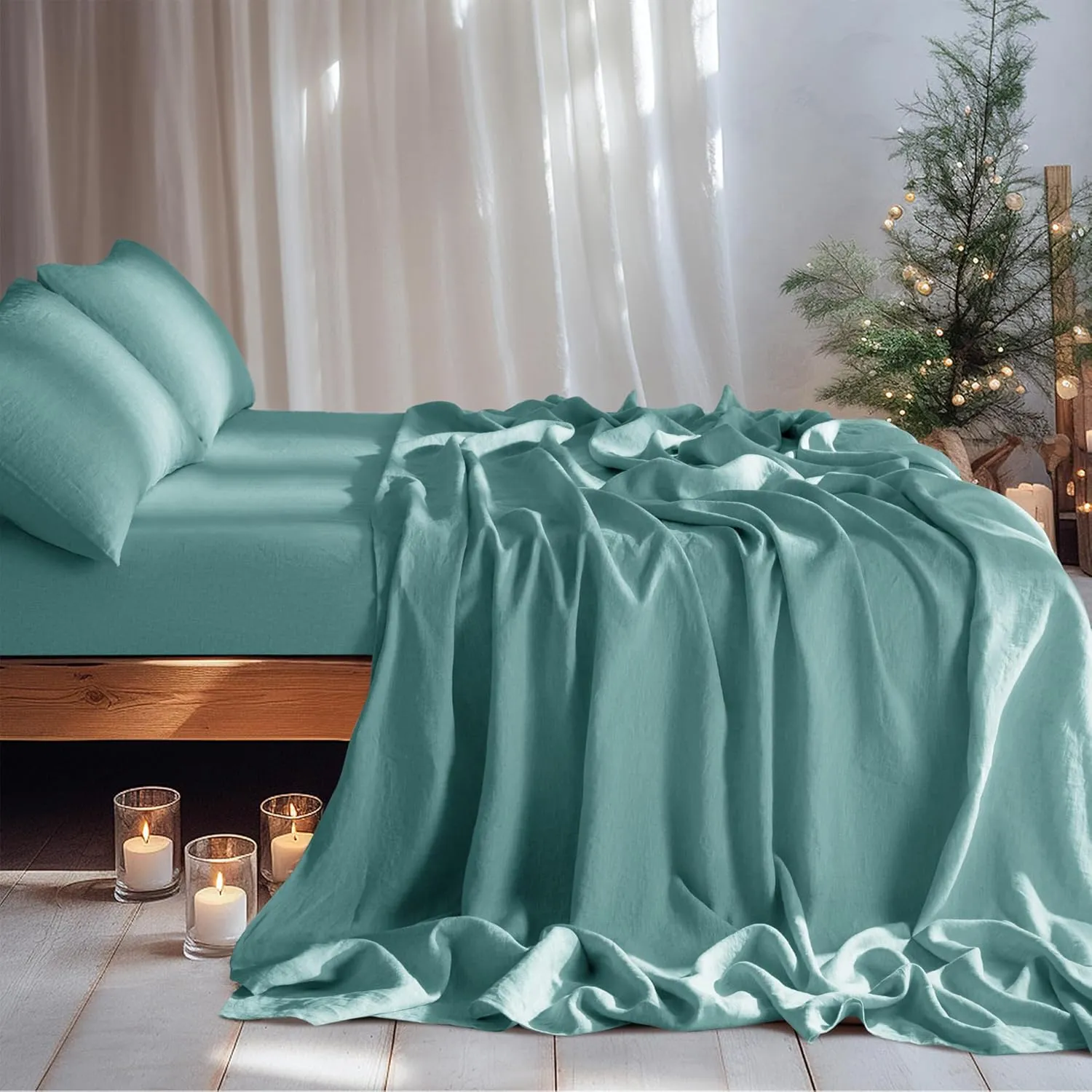 LBR02M 100% Linen Sheet Set Queen Size,Bed Sheets 4 Piece Sets,Solid Color Natural Flax Bed Sheets Soft Breathable Bedding,16" Deep Pocket,All Season (Queen, Aqua)