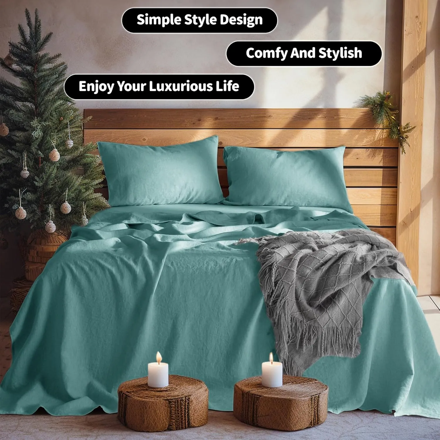 LBR02M 100% Linen Sheet Set Queen Size,Bed Sheets 4 Piece Sets,Solid Color Natural Flax Bed Sheets Soft Breathable Bedding,16" Deep Pocket,All Season (Queen, Aqua)