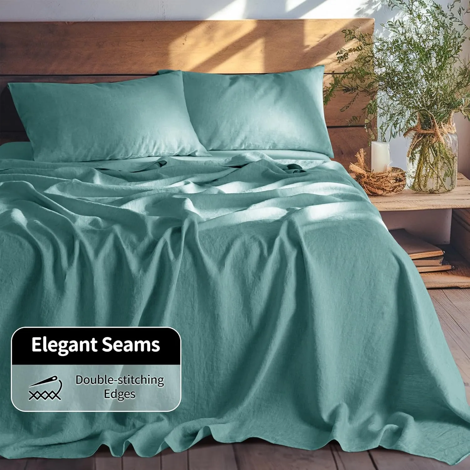 LBR02M 100% Linen Sheet Set Queen Size,Bed Sheets 4 Piece Sets,Solid Color Natural Flax Bed Sheets Soft Breathable Bedding,16" Deep Pocket,All Season (Queen, Aqua)