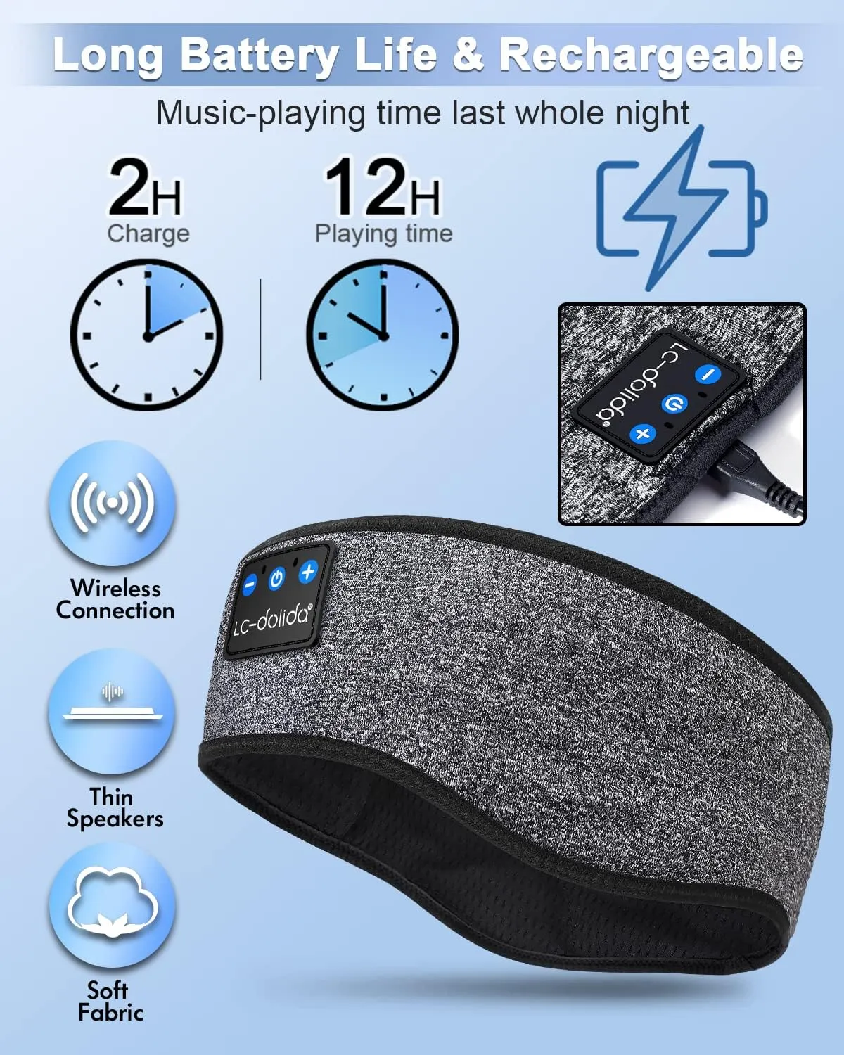 LC-dolida Sleep Headphones Wireless Bluetooth Headband Headphones for Sleeping Music Band Cozy Sleep Mask with Thin HD Stereo Speakers Perfect for Side Sleepers, Sport,Travel Best Gifts for Men Women