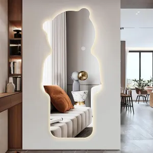 LED Bear Art Full Body Mirror 40x150cm/16x59in Frameless Bathroom Wall Mirror with Smart Touch & 3 Colors Dimmable Lights