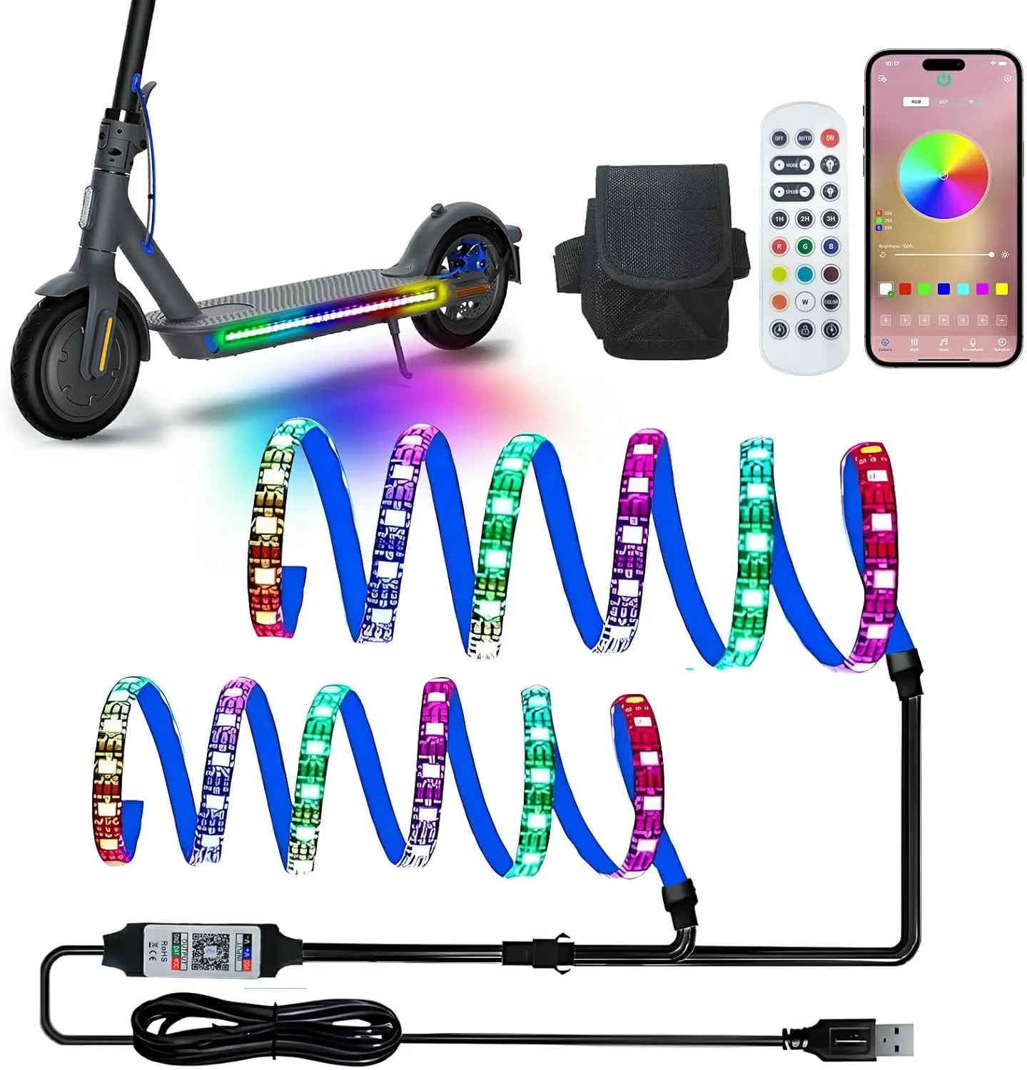Led Lights for Scooter Night Riding, Battery Powered Remote & APP Controlled Colorful Skateboard Lights