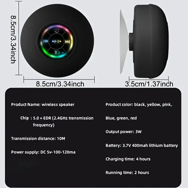 LED Portable Wireless Rechargeable Suction Bathroom Speaker