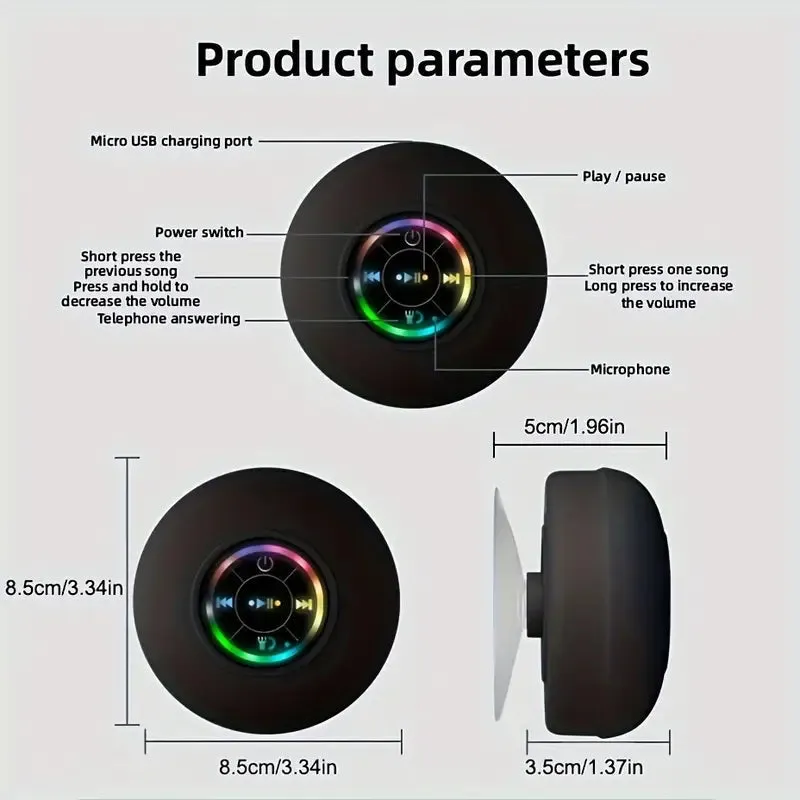 LED Portable Wireless Rechargeable Suction Bathroom Speaker