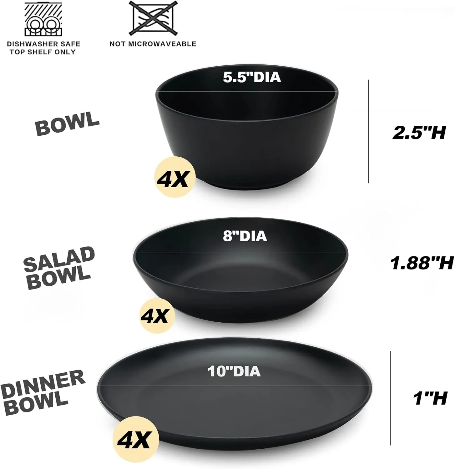 LEHAHA Bamboo Fiber Melamine Dinnerware Sets, Black Kitchen Plates and Bowls Sets, Unbreakable Dishes Set for 4, Eco-friendly Lightweight 12 Piece Dinnerware Sets for Parties & Camping