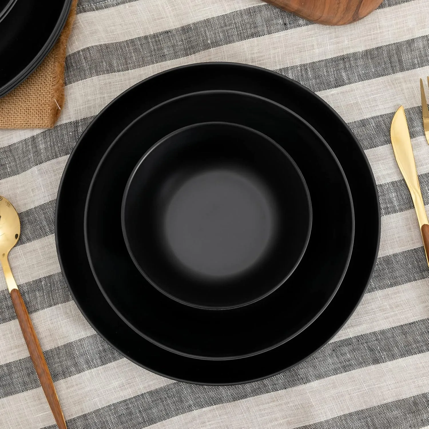LEHAHA Bamboo Fiber Melamine Dinnerware Sets, Black Kitchen Plates and Bowls Sets, Unbreakable Dishes Set for 4, Eco-friendly Lightweight 12 Piece Dinnerware Sets for Parties & Camping