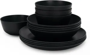 LEHAHA Bamboo Fiber Melamine Dinnerware Sets, Black Kitchen Plates and Bowls Sets, Unbreakable Dishes Set for 4, Eco-friendly Lightweight 12 Piece Dinnerware Sets for Parties & Camping