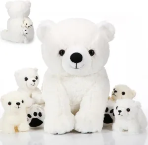 Leitee 5 Pcs Polar Bear Plush Set Large Mommy Polar Bear Stuffed Animal with 4 Cuddly Baby Plushies in Belly for Boys Girls Birthday Winter Holiday Decor Gifts(Sitting)