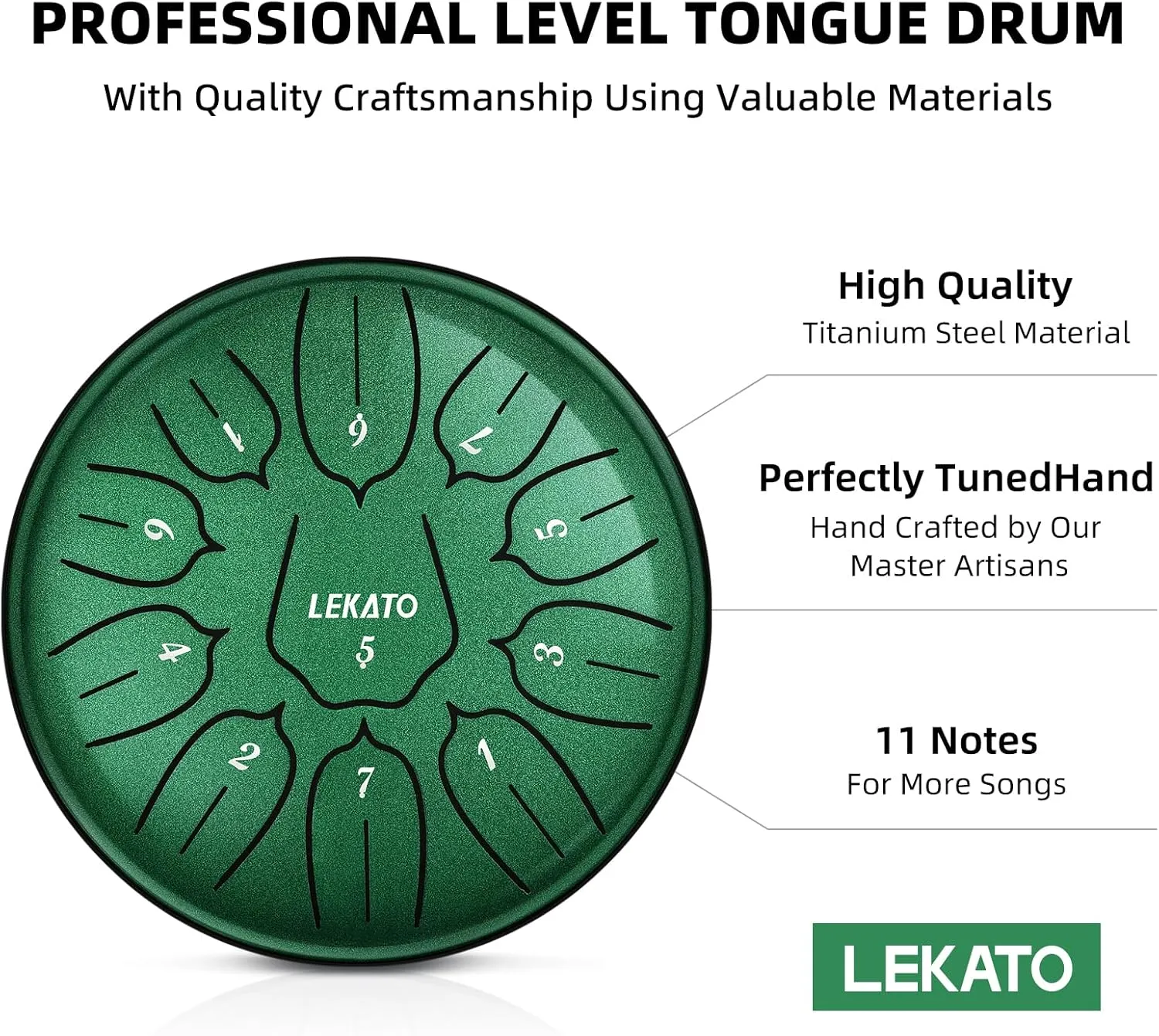 LEKATO Steel Tongue Drum With Bag, 6 Inch 11 Notes Steel Drum Beginner Hanpan Drum Percussion for Meditation Yoga Musical Education, Green