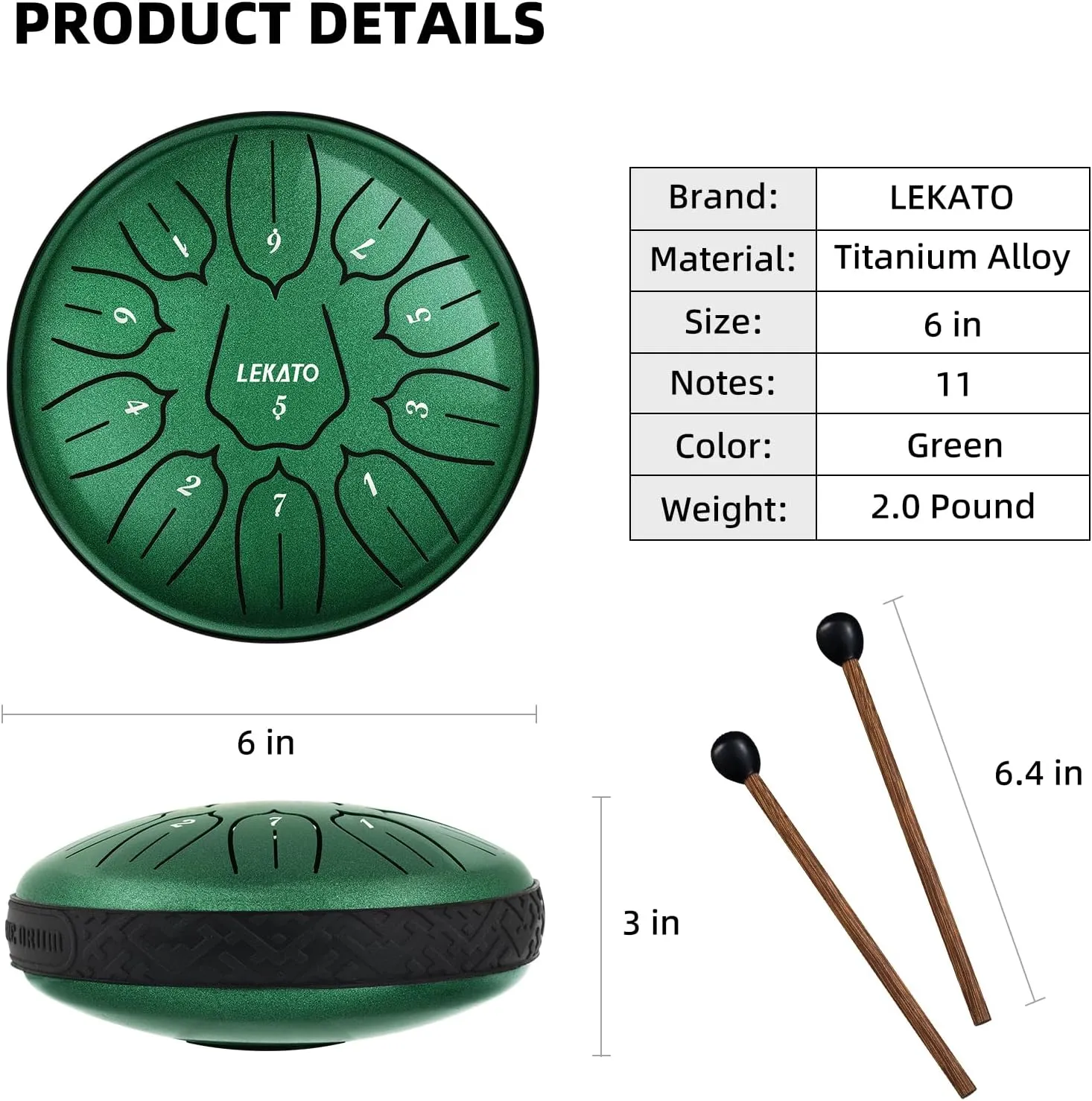 LEKATO Steel Tongue Drum With Bag, 6 Inch 11 Notes Steel Drum Beginner Hanpan Drum Percussion for Meditation Yoga Musical Education, Green