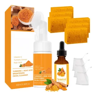 Lemon Kojic Turmeric Skincare Cleansing Set, Turmeric Cleansing Mousse, Soap & Essential Oil 3 Piece Set, Gentle Makeup Remover, Deep Exfoliating For All Skin Types (2)