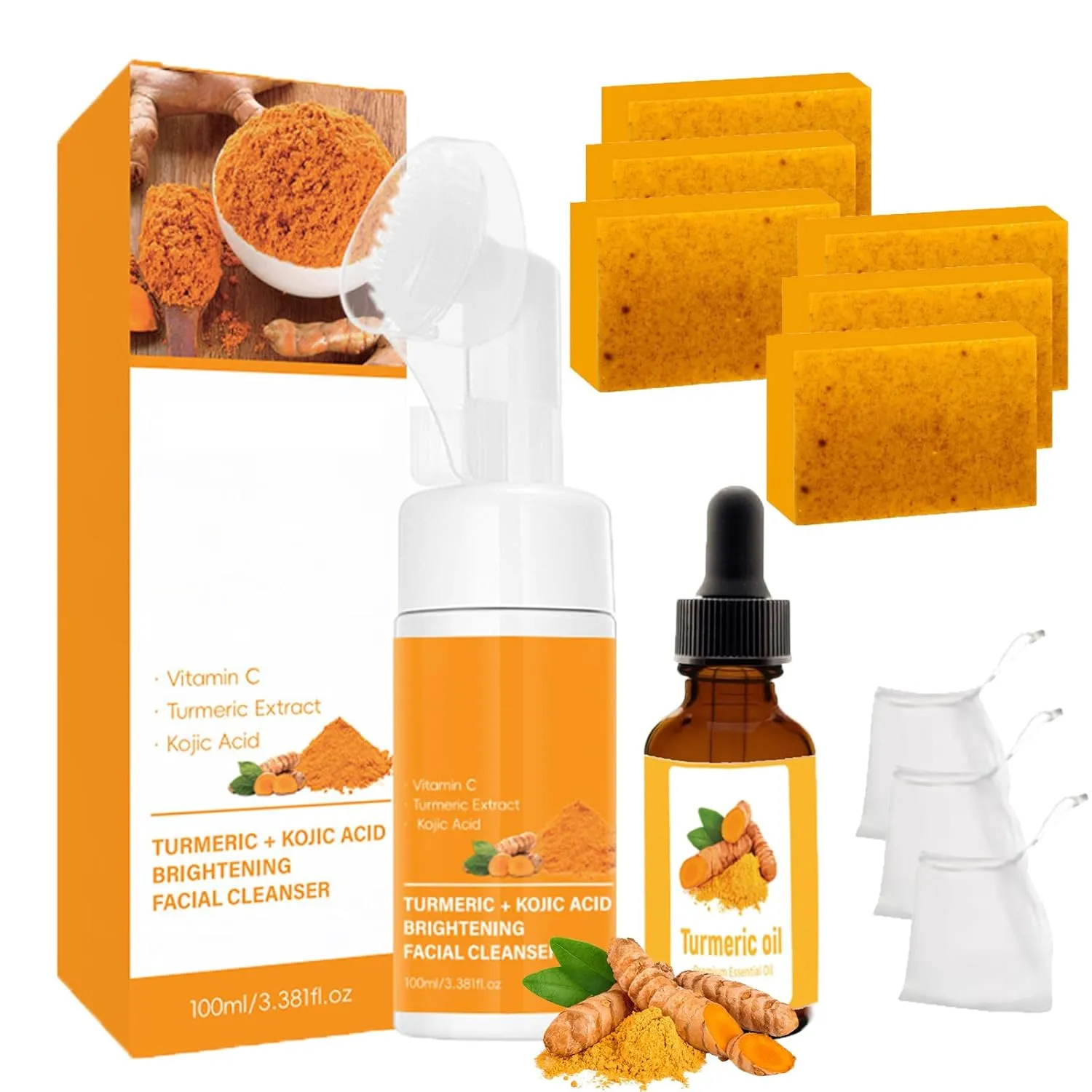 Lemon Kojic Turmeric Skincare Cleansing Set, Turmeric Cleansing Mousse, Soap & Essential Oil 3 Piece Set, Gentle Makeup Remover, Deep Exfoliating For All Skin Types (2)