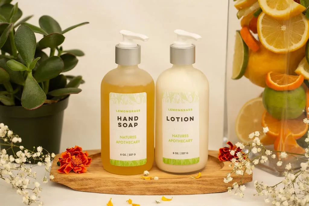 Lemongrass Eco-Friendly Refillable Liquid Soap - Vegan, Sulfate-Free, Hypoallergenic, All-Natural, Plant-Derived, Made in USA by DAYSPA Body Basics, Lotion & Soap Set with Metal Holder