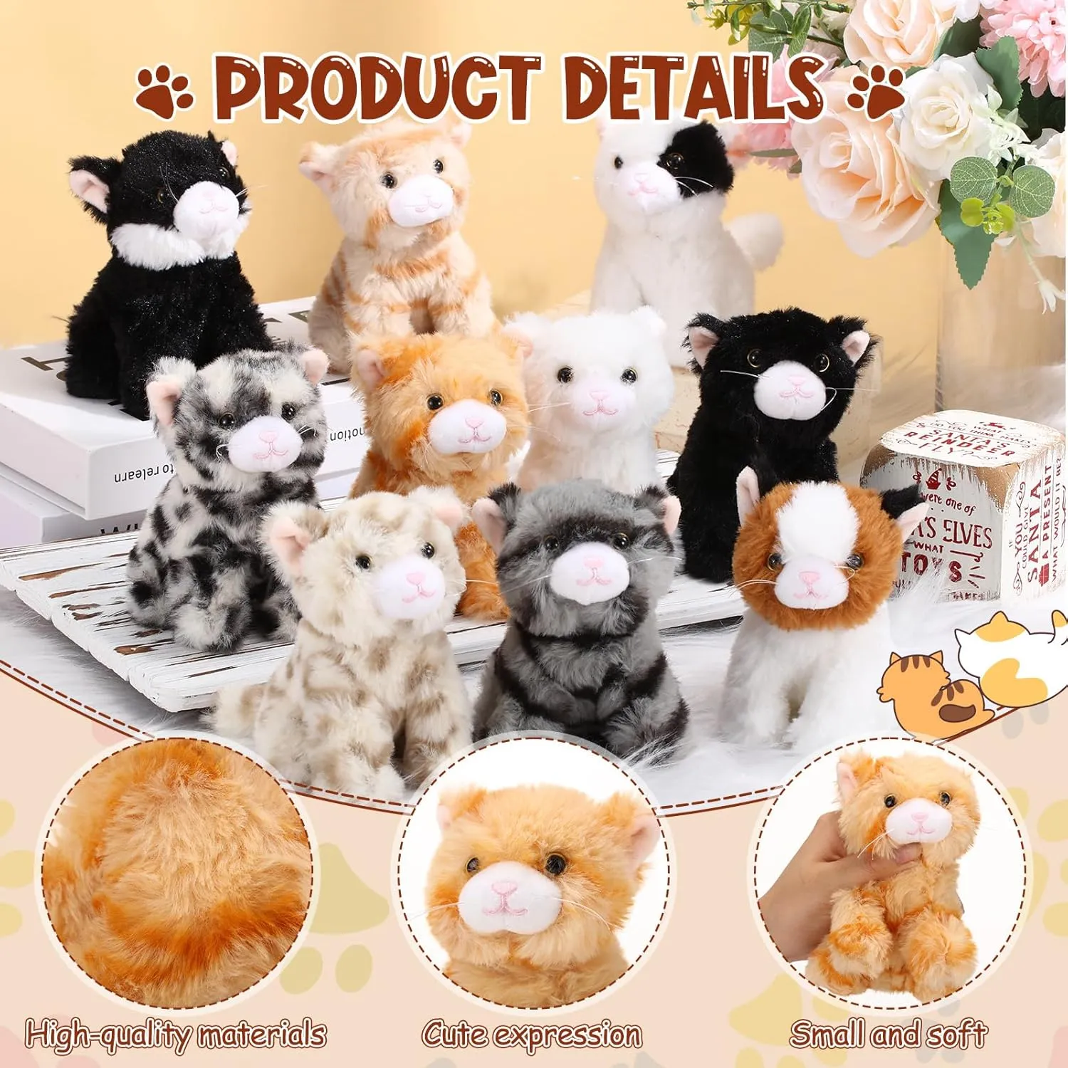Lenwen 10 Pcs Cat Stuffed Animals Bulk Soft Cuddly Kitten Plush Sets Smitten Kittens Assorted Fluffy Stuffed Cats for Kiddos Birthday Gift Pet Party Favors Goodie Bags Stuffers(Sitting Style)