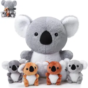 Lenwen 5 Pcs Koala Bear Plush Stuffed Animal 13.78'' Mommy Koala Plush Toy with 4 Cute 3.94'' Babies in Zippered Belly Soft Cuddly Plushies for Birthday Baby Shower Party Favors Home Sofa Decors