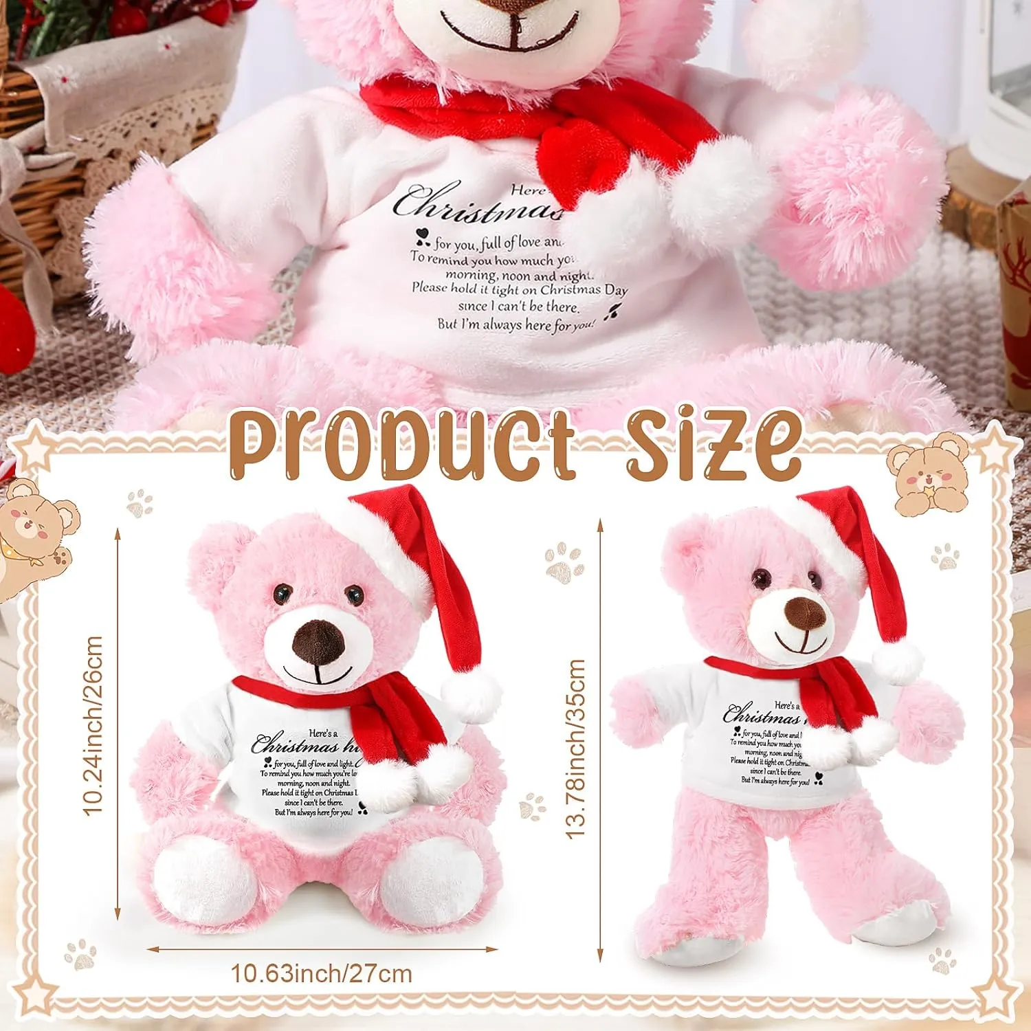 Lenwen Christmas Bear 2025 Night Before Christmas Stuffed Animal Hug Gift Inspirational Get Well Soon Gift Thinking of You Bear for Women Kids Adult, 13.78 Inch(Pink)